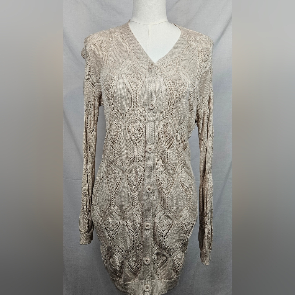 Grace Karin Beige Open Knit Cardigan Viscose Med Boho Preppy Cottagecore Classic